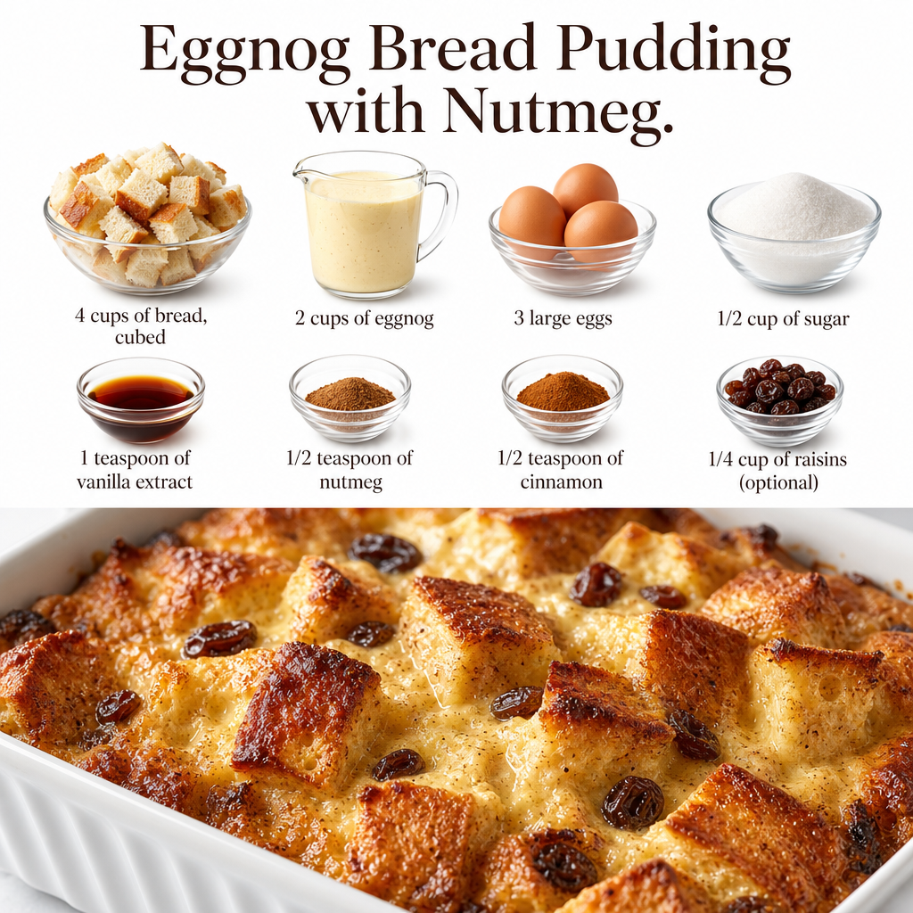 Eggnog Bread Pudding with Nutmeg, Easy Comfort Dessert