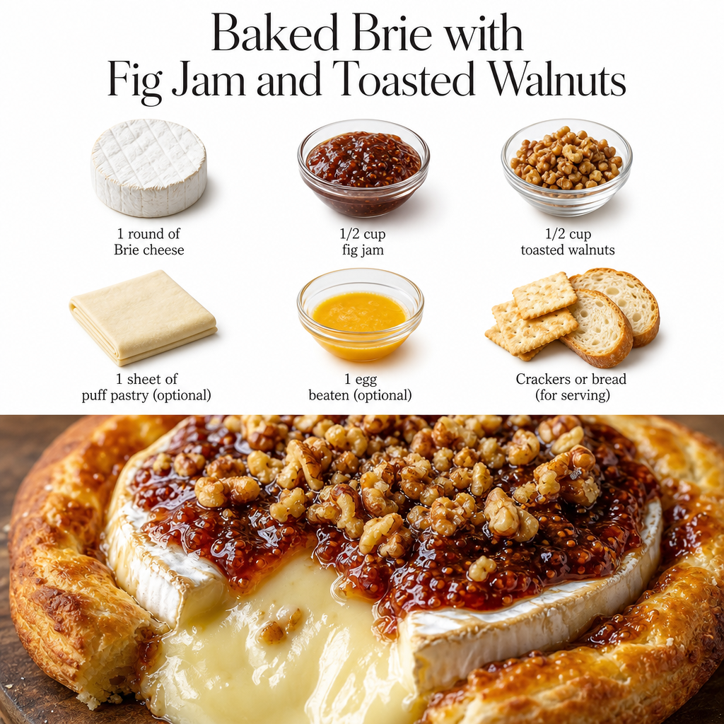 Baked Brie with Fig Jam and Toasted Walnuts - Easy 2 Baked Brie with Fig Jam and Toasted Walnuts - Easy