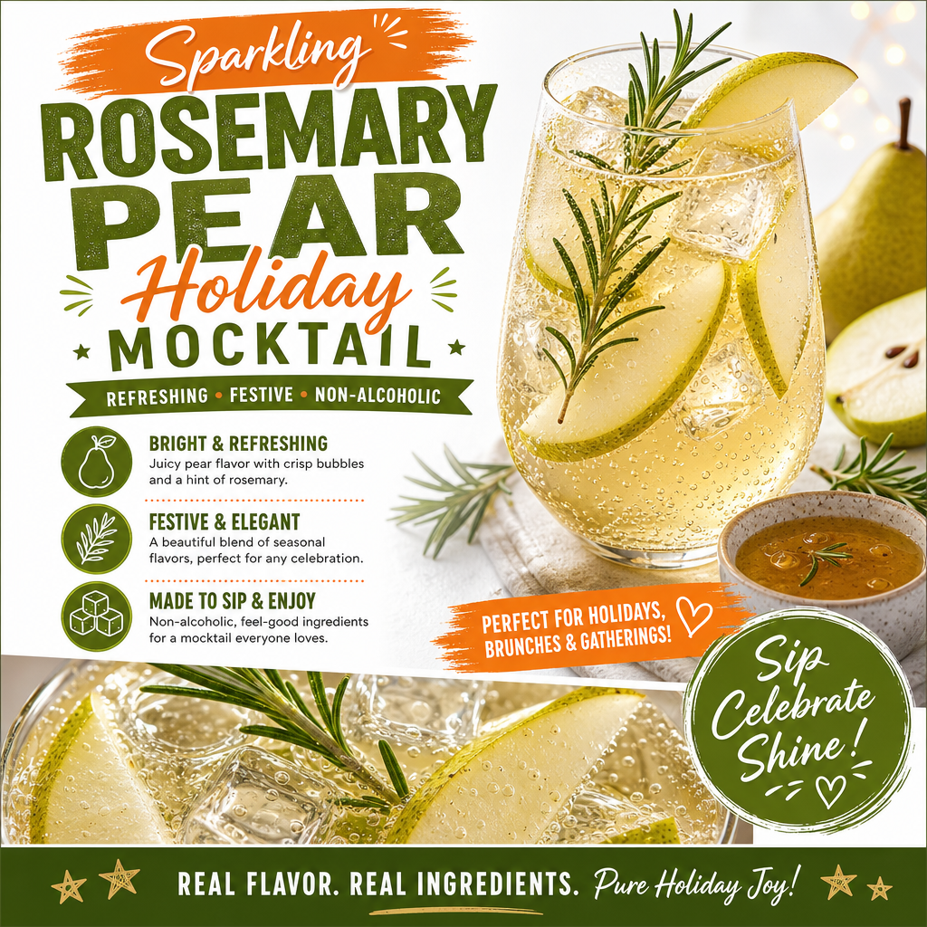 Sparkling Rosemary Pear Mocktail - Easy Holiday Drink, High Fiber