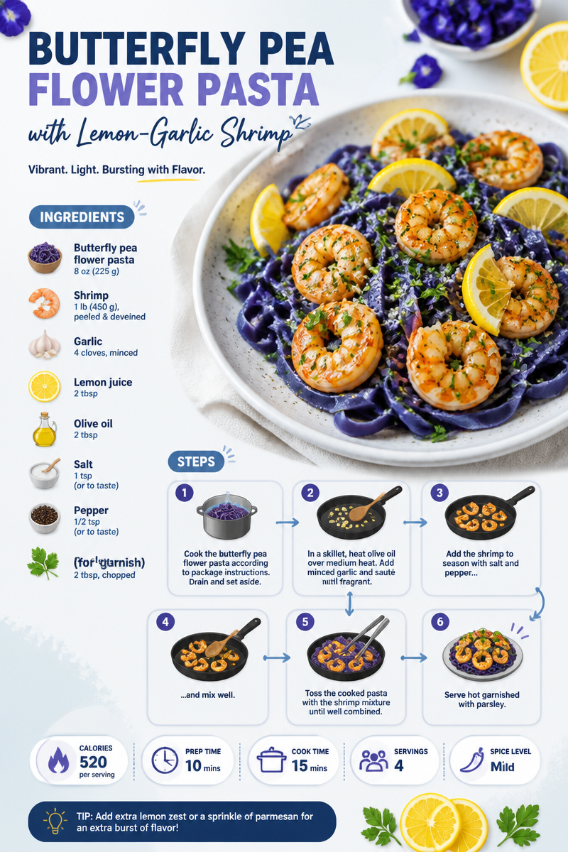 Butterfly Pea Flower Pasta with Lemon-Garlic Shrimp