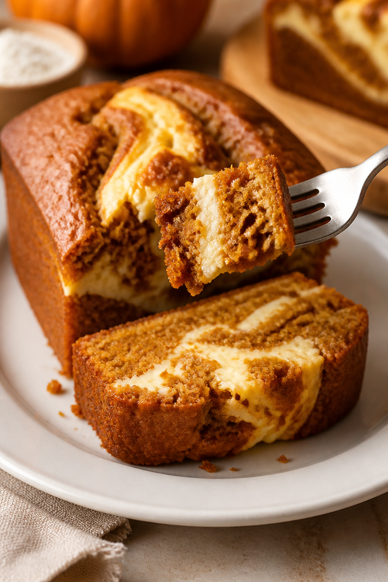 Cozy Pumpkin Bread With Cream Cheese Swirl