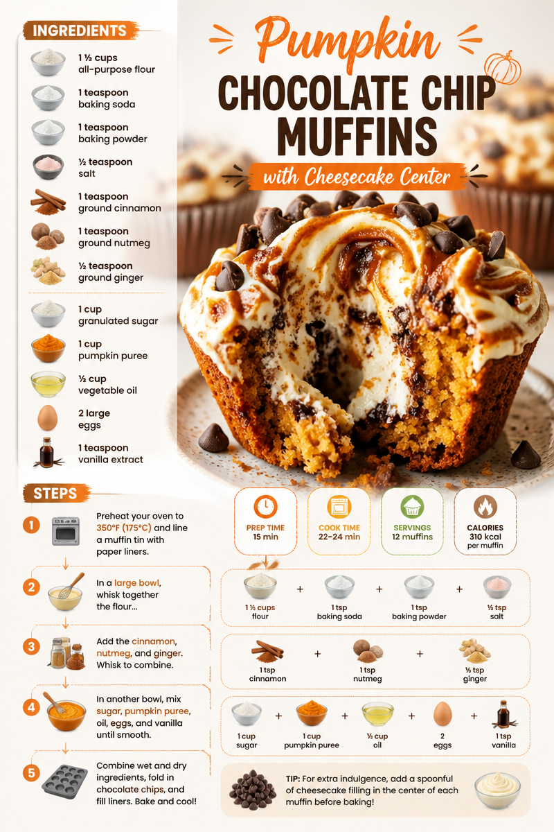 Pumpkin Chocolate Chip Muffins with Cheesecake Center