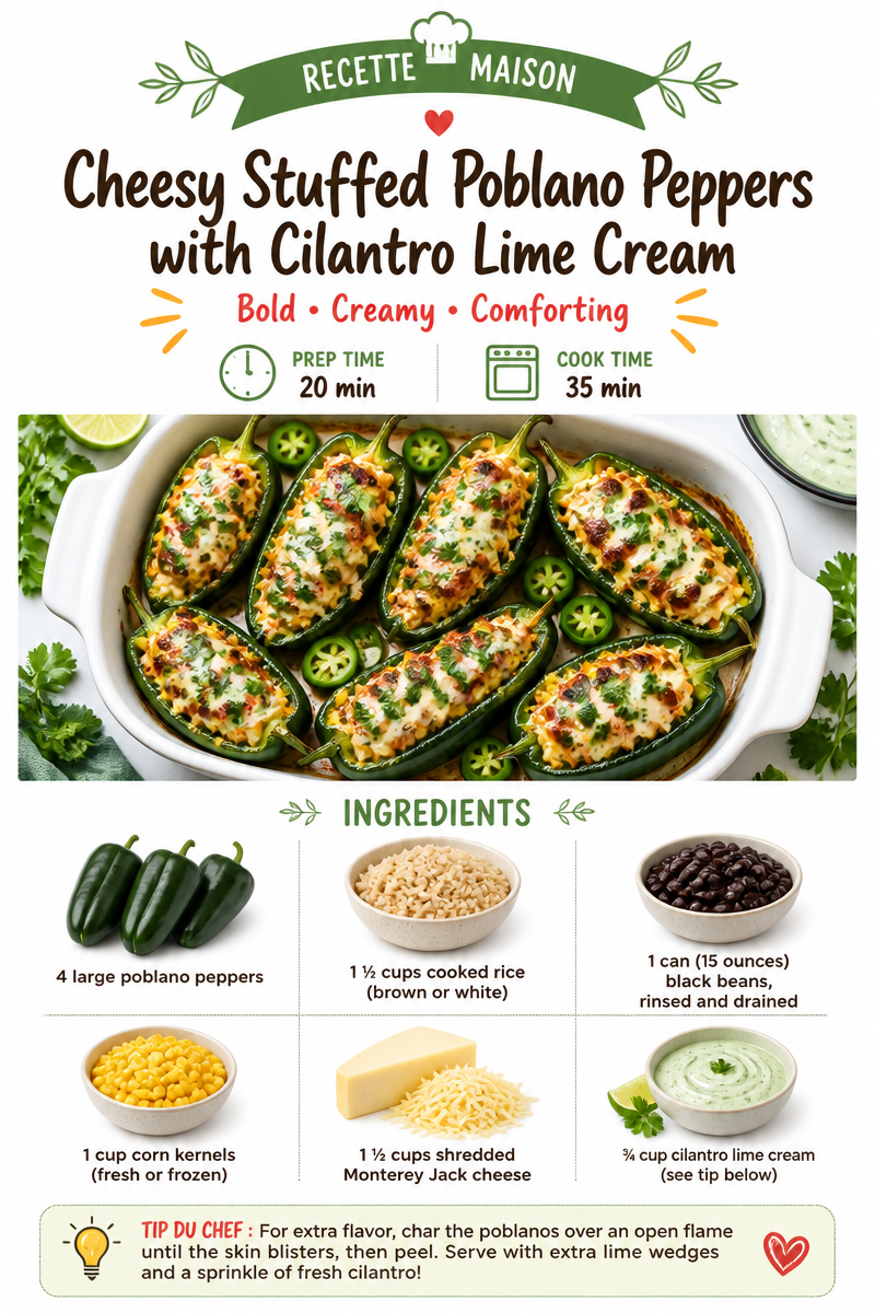 Cheesy Stuffed Poblano Peppers with Cilantro Lime Cream