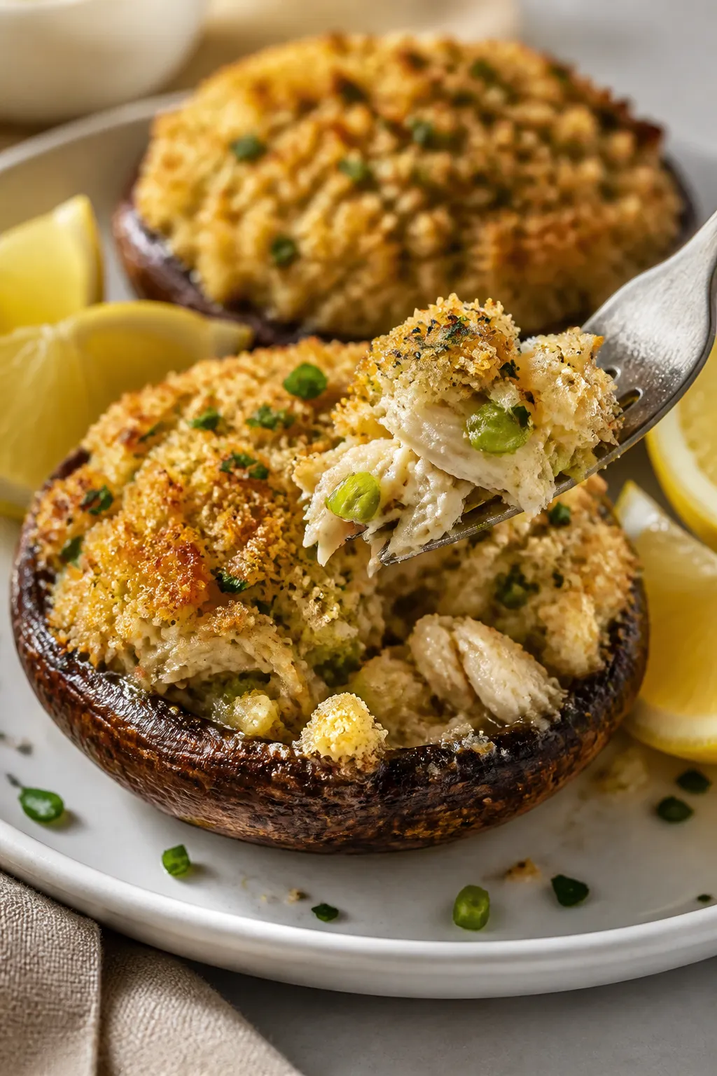 Krabben gefüllte Portobello-Pilze mit Lumpenkrabbenfleisch