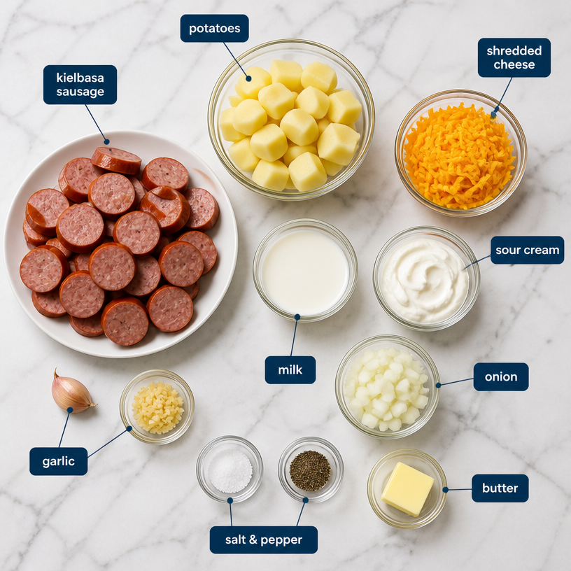 Kielbasa Sausage Cheesy Potato Casserole