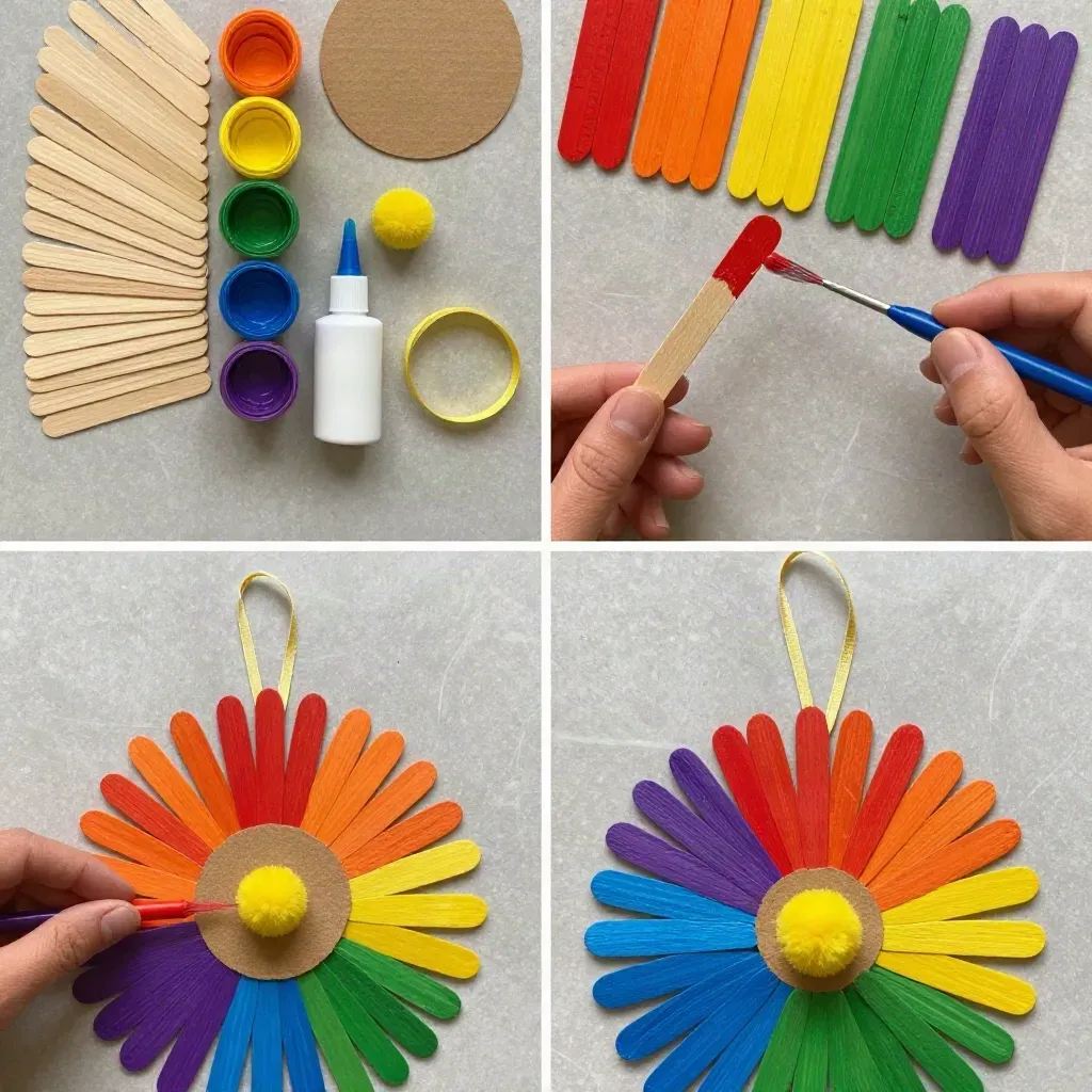 Rainbow Flower Wheel Craft with Popsicle Sticks for Kids 20 Rainbow Popsicle-Stick Flower Wheel Craft for Kids
