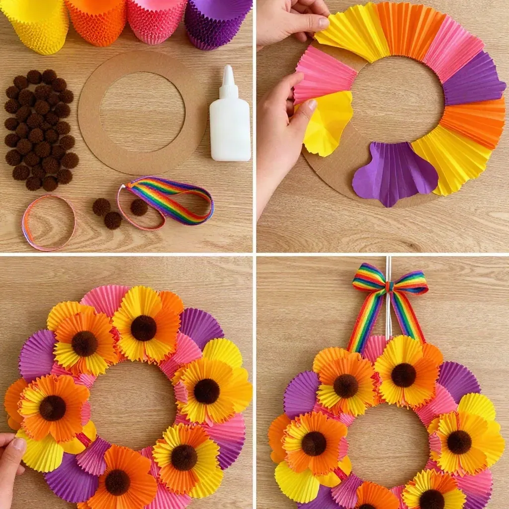 DIY Colorful Cupcake-Liner Sunflower Wreath 17 Colorful Cupcake-Liner Sunflower Wreath