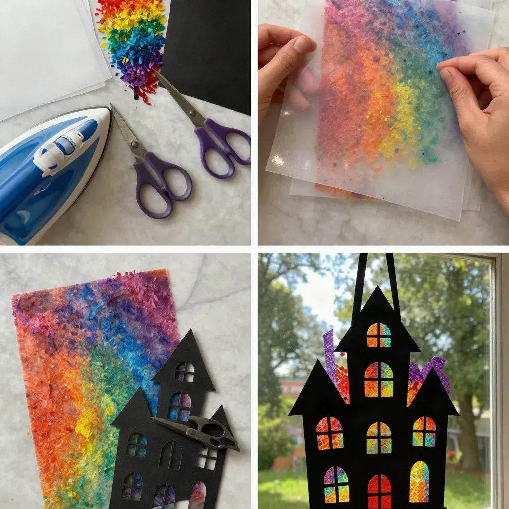 Melted Crayon Rainbow Haunted House Suncatcher