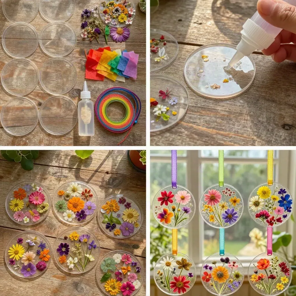Pressed Flower Rainbow Window Medallions