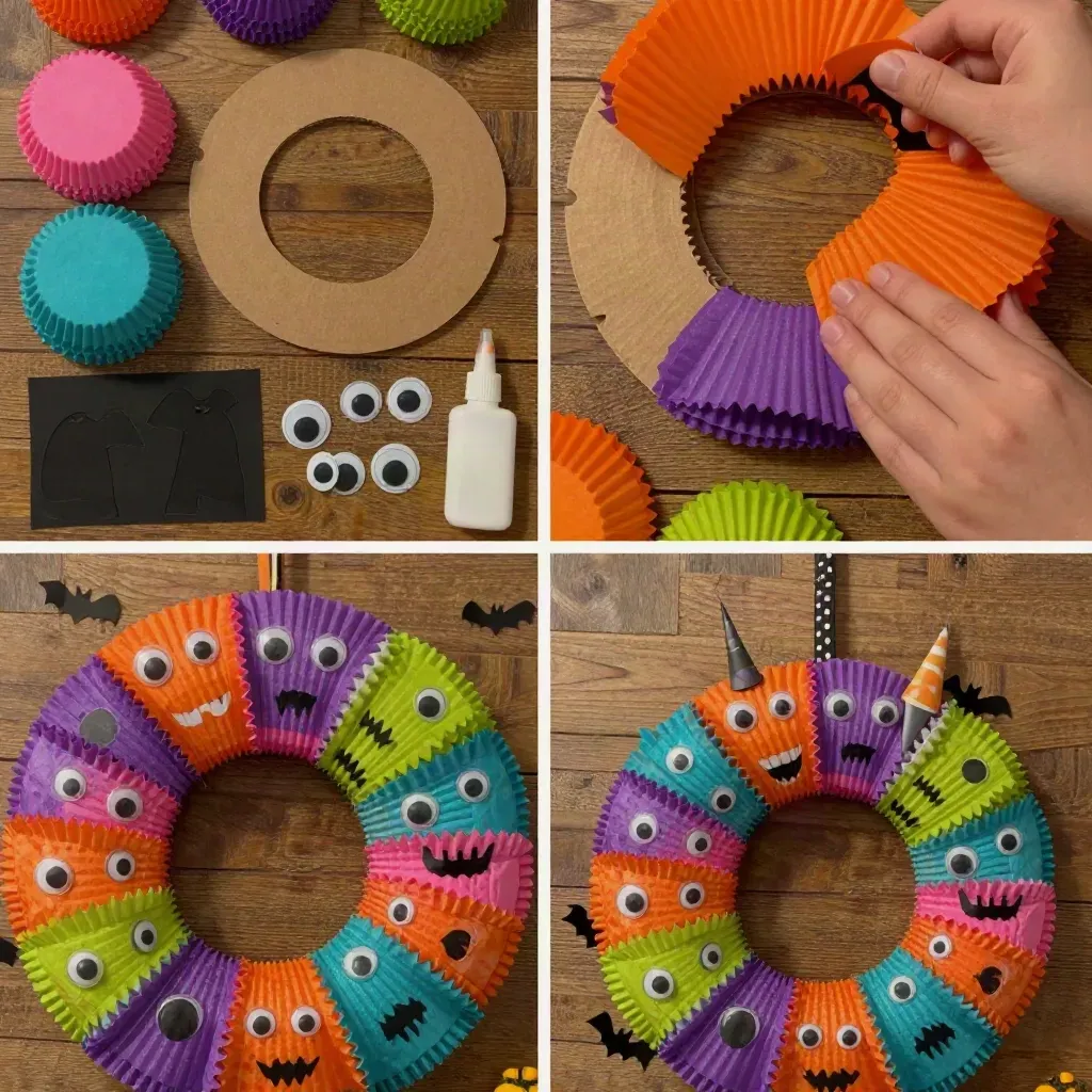 DIY Spooky Halloween Wreath with Rainbow Cupcake Liners 23 Rainbow Cupcake-Liner Halloween Monster Wreath