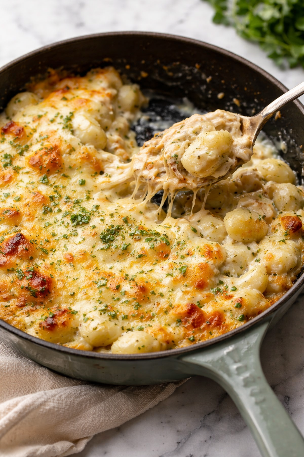 Cheesy Pesto Chicken Gnocchi Bake
