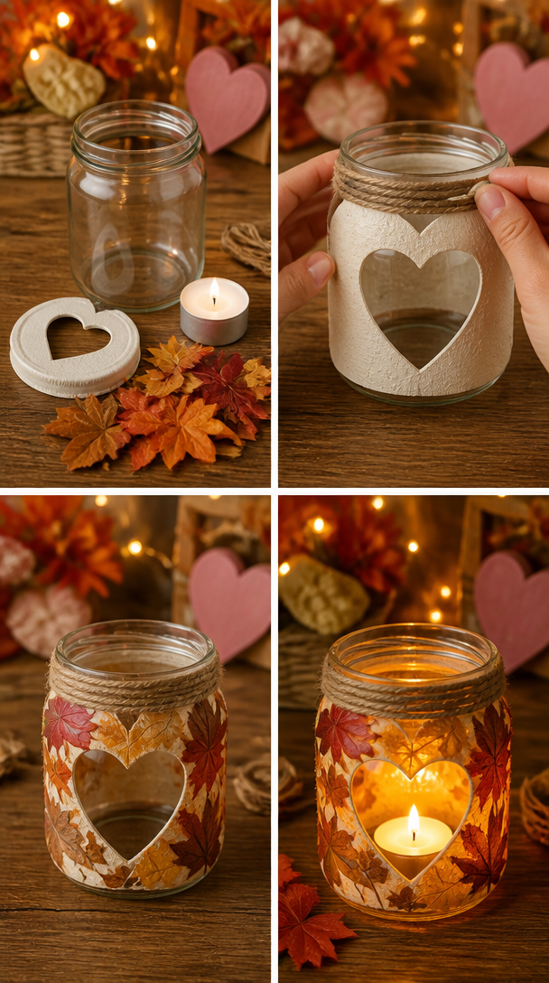 DIY From Jar To Cozy Autumn Candleholder 🍂🍁 #autumnvibes #recycle #craftideas #creative #diy #homedecor #handmade