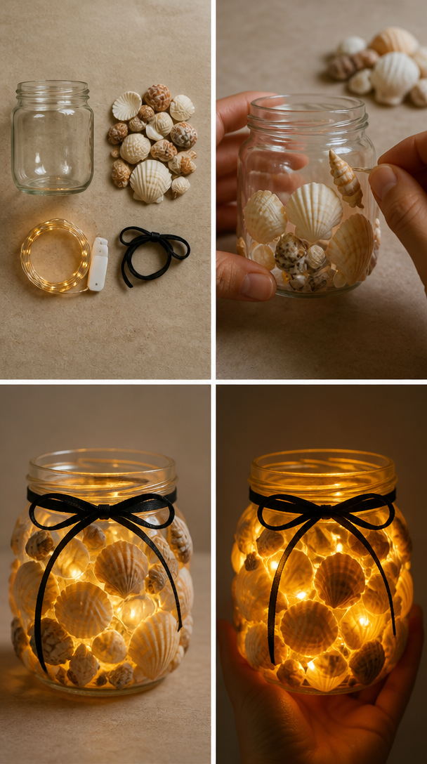 Turn a simple glass jar into a beautiful little seaside lantern! 🌊💡 Decorate the jar with seashells and add warm LED fairy lights inside to create a cozy ocean-inspired glow.

Such a simple DIY idea...