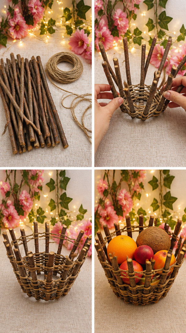 A beautiful hanging fruit basket made from simple tree branches! 🌿🍊✨
No glue, no complicated tools — just branches and thread. Such a simple idea that creates a unique and practical piece of home d...
