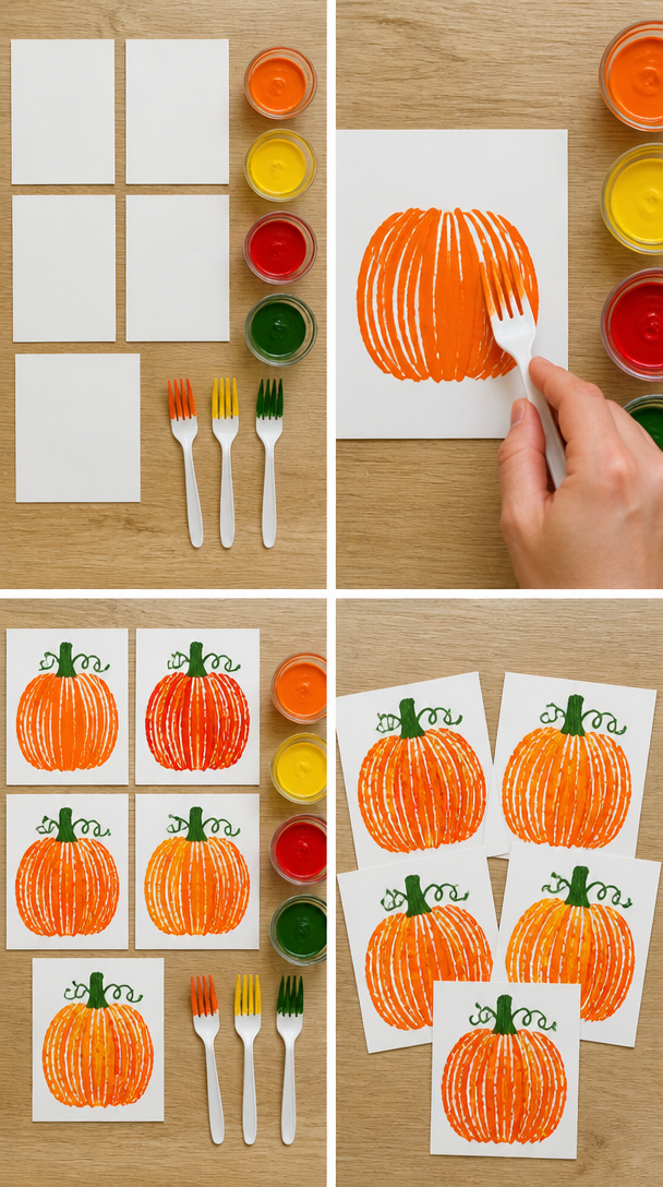 🎃🍴 Fork-Painted Pumpkins!

Dip a plastic fork into orange, yellow and red paint, then press and drag it across the paper to build up a wonderfully textured pumpkin. Add a green stalk and curly vines...