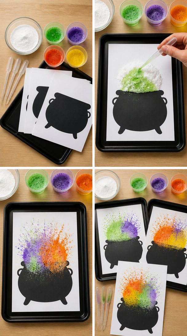 🧪🎃 Fizzing Halloween Cauldrons!

Place a paper cauldron in a tray, sprinkle bicarbonate of soda above it, then use droppers to add vinegar mixed with washable colouring. Watch your magical potion fi...