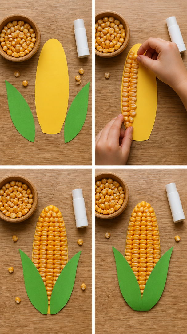🌽 Harvest Corn Collage 🌽

A lovely hands-on Harvest craft with lots of texture! Cut a simple corn cob shape from sturdy yellow card, then spread on child-safe glue and press dried corn kernels all o...