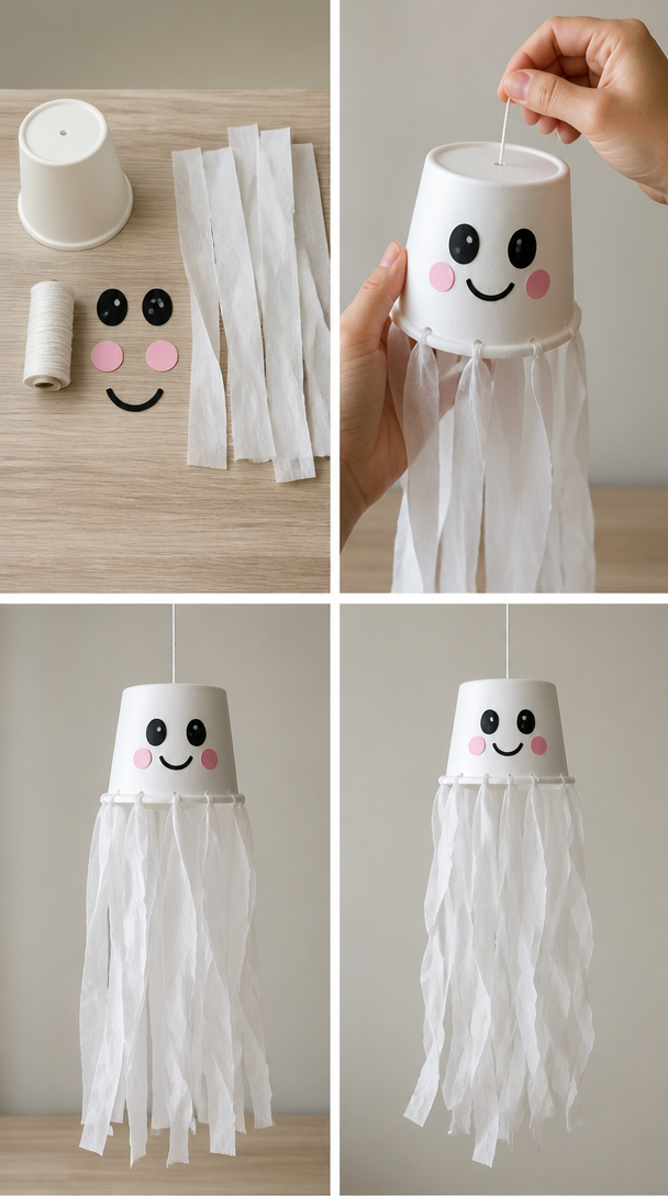 👻🎀 Friendly Ghost Windsock

Paint a recycled paper cup white and leave it to dry. Turn it upside down, then add paper eyes, pink cheeks and a happy smile. Glue strips of white tissue paper and ribbo...