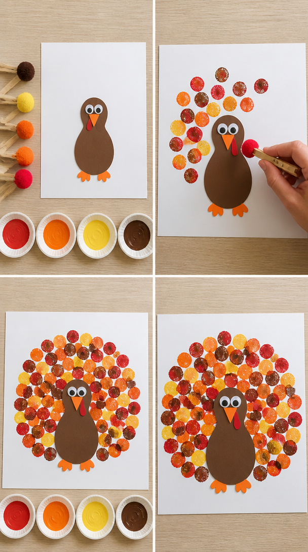 🦃 Pom-Pom Painted Turkey 🎨

Clip pom-poms into wooden pegs, dip them into autumn-coloured washable paint and dab away to create a big, colourful turkey tail! Add a simple paper turkey body, eyes, be...