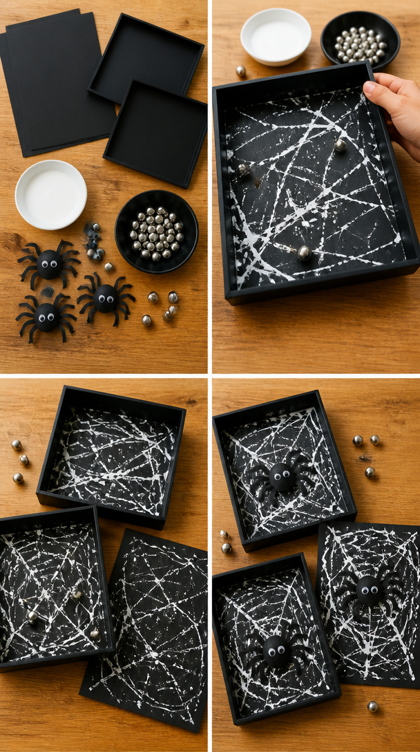🕷️🎨 Marble-Painted Spider Webs!

Pop black card into a shallow tray, dip marbles in white and silver paint, then roll them around to create wonderfully tangled webs. Once dry, add a friendly eight-le...