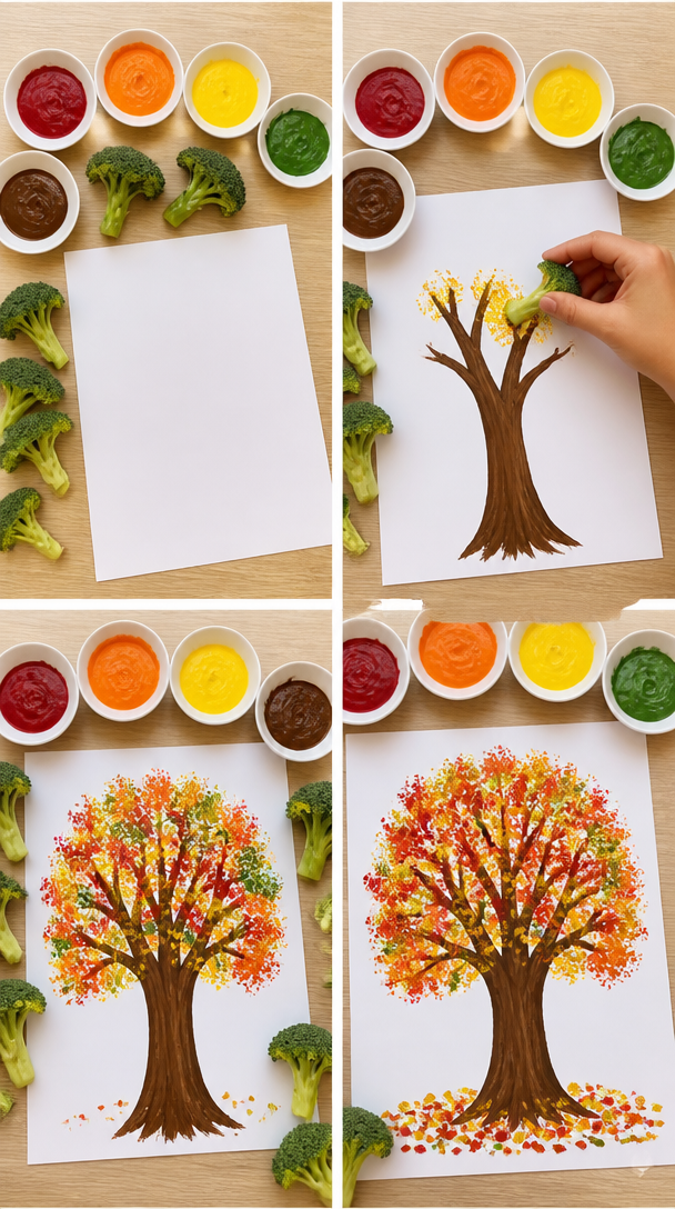 Broccoli printed autumn trees 🥦🎨

Such a simple and fun way to paint those gorgeous autumn colours! Paint a brown tree trunk and branches onto paper, then dip broccoli florets into red, orange, yell...