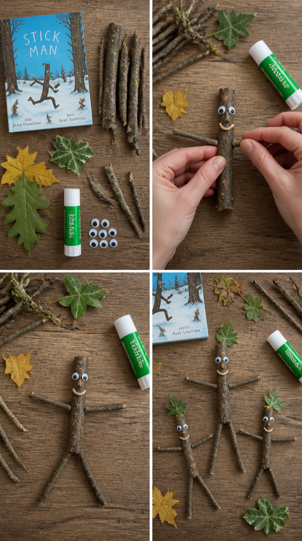 🌿 Make your own Stick Man! 🌿 Head outside to collect a few twigs, choose a chunky one for the body and smaller ones for the arms and legs, then glue them together and finish with googly eyes and a l...