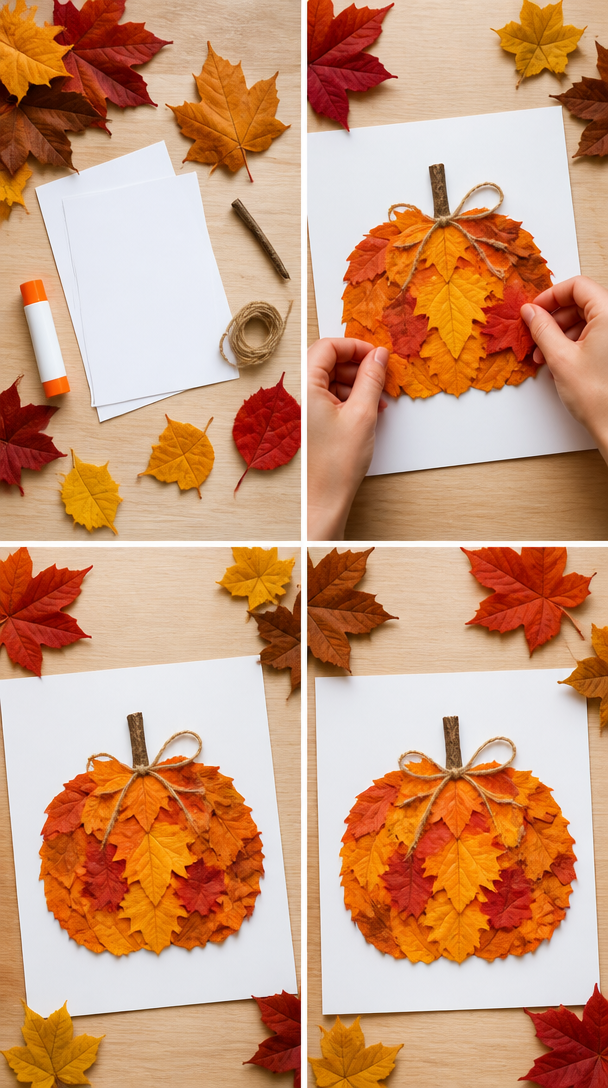 🎃🍂 AUTUMN LEAF PUMPKINS

Turn those gorgeous fallen leaves into an easy autumn craft! Collect leaves in lots of different colours, then overlap and glue them onto card to create a big round pumpkin....