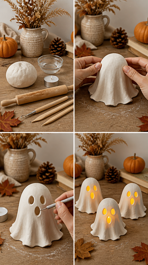 👻 AIR-DRY CLAY GHOST LANTERNS 👻
Roll out some white air-dry clay, then gently shape it over a small cup covered in cling film. Cut out two eyes and a mouth using a blunt clay tool, then make the bot...