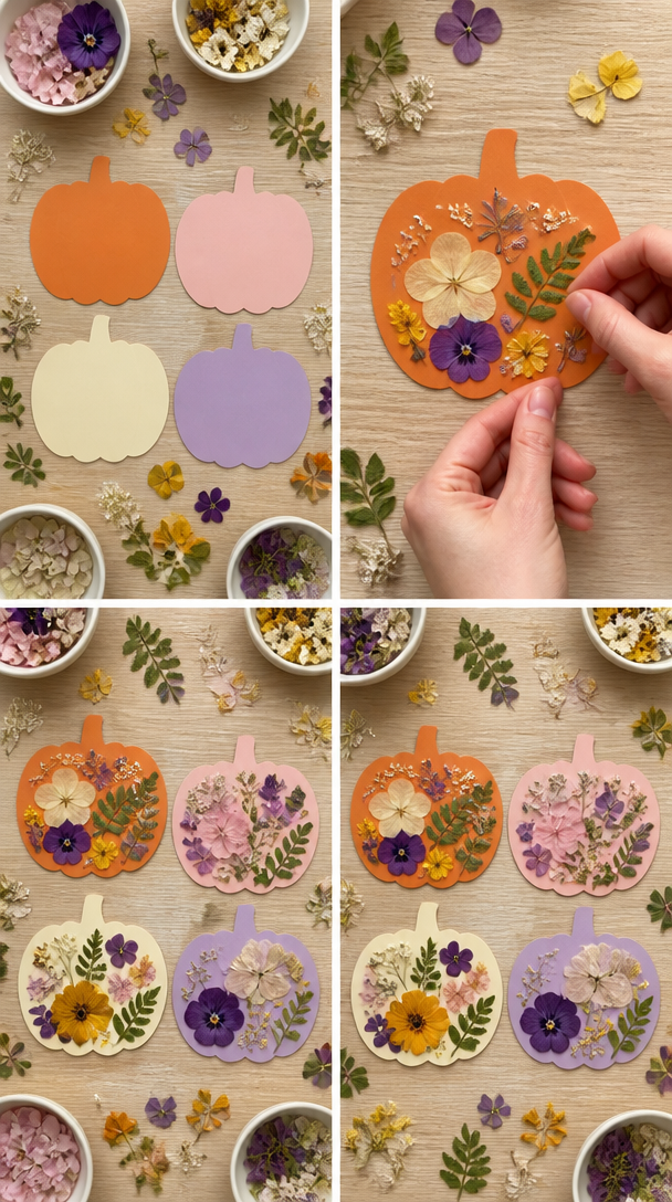 🌸🎃 Pretty Floral Pumpkins! Cut simple pumpkin shapes from coloured card, then let little ones arrange and glue on pressed flowers, petals and autumn leaves. Finish with a paper stalk and a curly gre...