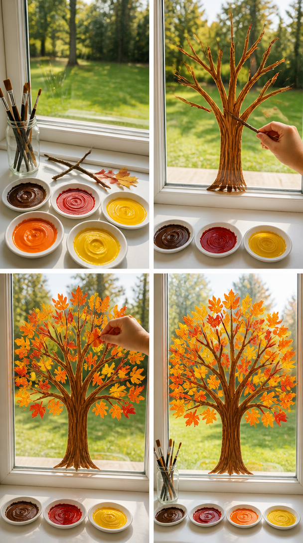 Turn a sunny window into a beautiful autumn masterpiece! 🍂🎨 Use washable window paints to add a simple brown tree trunk and branches, then dab on lots of red, orange and yellow leaves. Keep the brus...