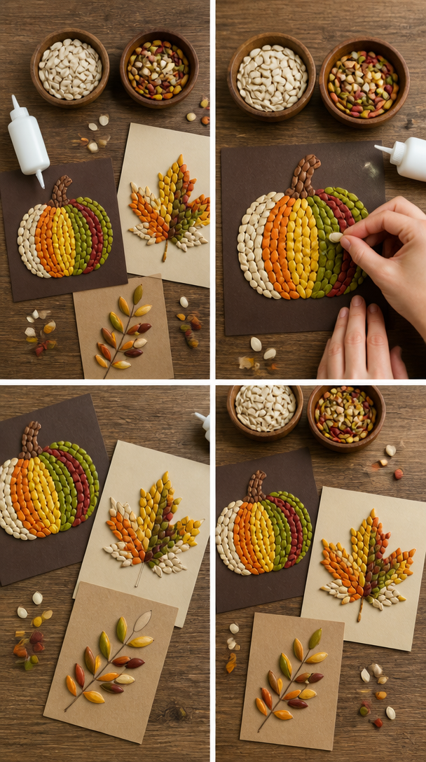 🎃 Pumpkin Seed Autumn Collages 🍂

Save, wash and dry your pumpkin seeds, then colour them by popping them into a sealed bag with a few drops of food colouring and a tiny splash of white vinegar. Sha...