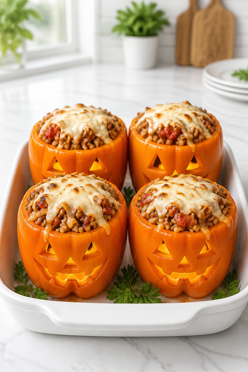 Halloween Jack-O-Lantern Stuffed Pepper Bake