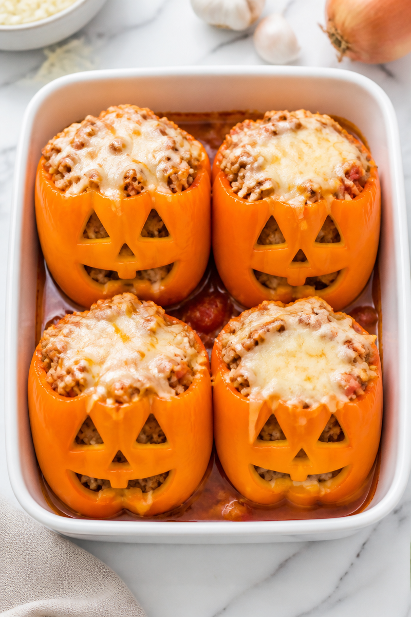 Halloween Jack-O-Lantern Stuffed Pepper Bake