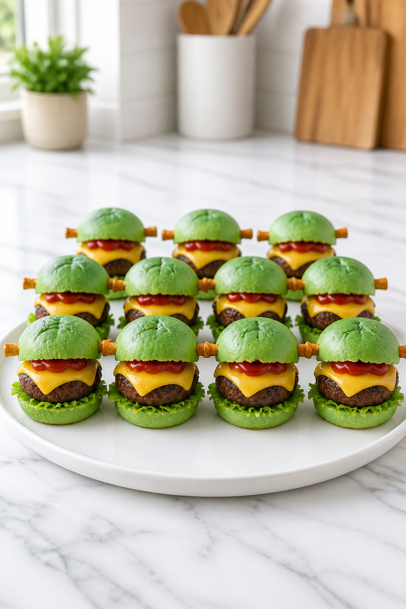 Halloween Frankenstein Slider Cheeseburger Bites
