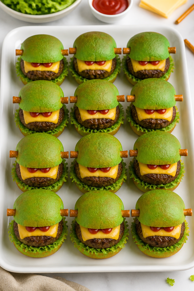 Halloween Frankenstein Slider Cheeseburger Bites