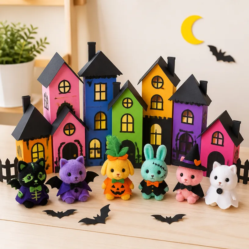 Spooky-Cute Rainbow Animals in a Haunted Village
