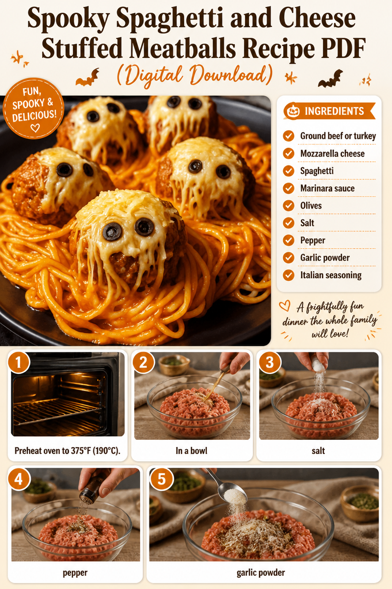 Spooky Spaghetti and Cheese Stuffed Meatballs Recipe PDF (Digital Download)