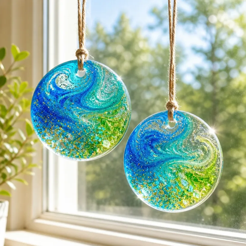 Sea-Themed Swirl Suncatchers with Glue Art for Windows