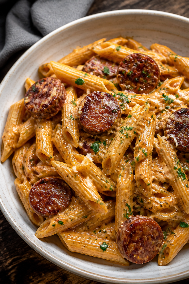 Creamy Spicy Cajun Sausage Pasta Quick Weeknight Dinner Idea
