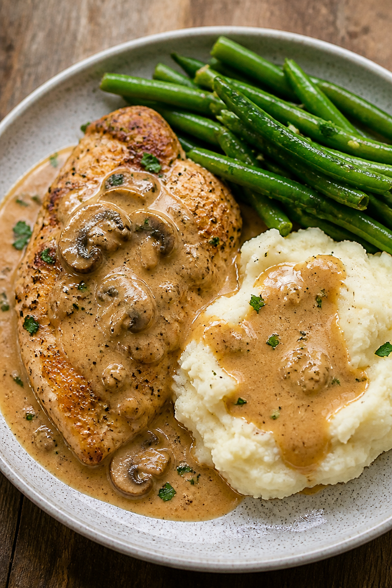 Creamy Garlic Chicken Recipe with Gravy and Mashed Potatoes | Creamy Garlic Chicken Dinner, Garlic Chicken and Mashed Potatoes, Saucy Chicken and Mushrooms