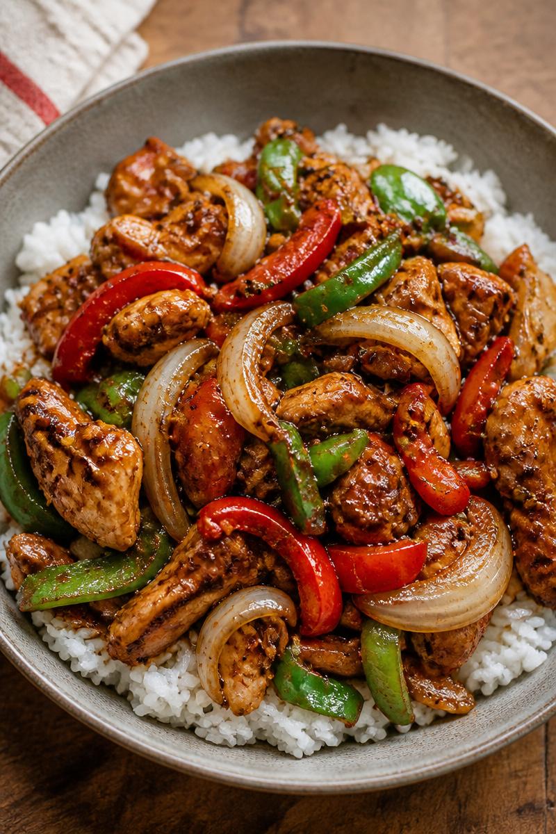 Black Pepper Chicken with Peppers and Onions | Family Dinner Ideas with Peppers, Easy Chicken Rice Pepper Recipes, Easy Black Pepper Chicken