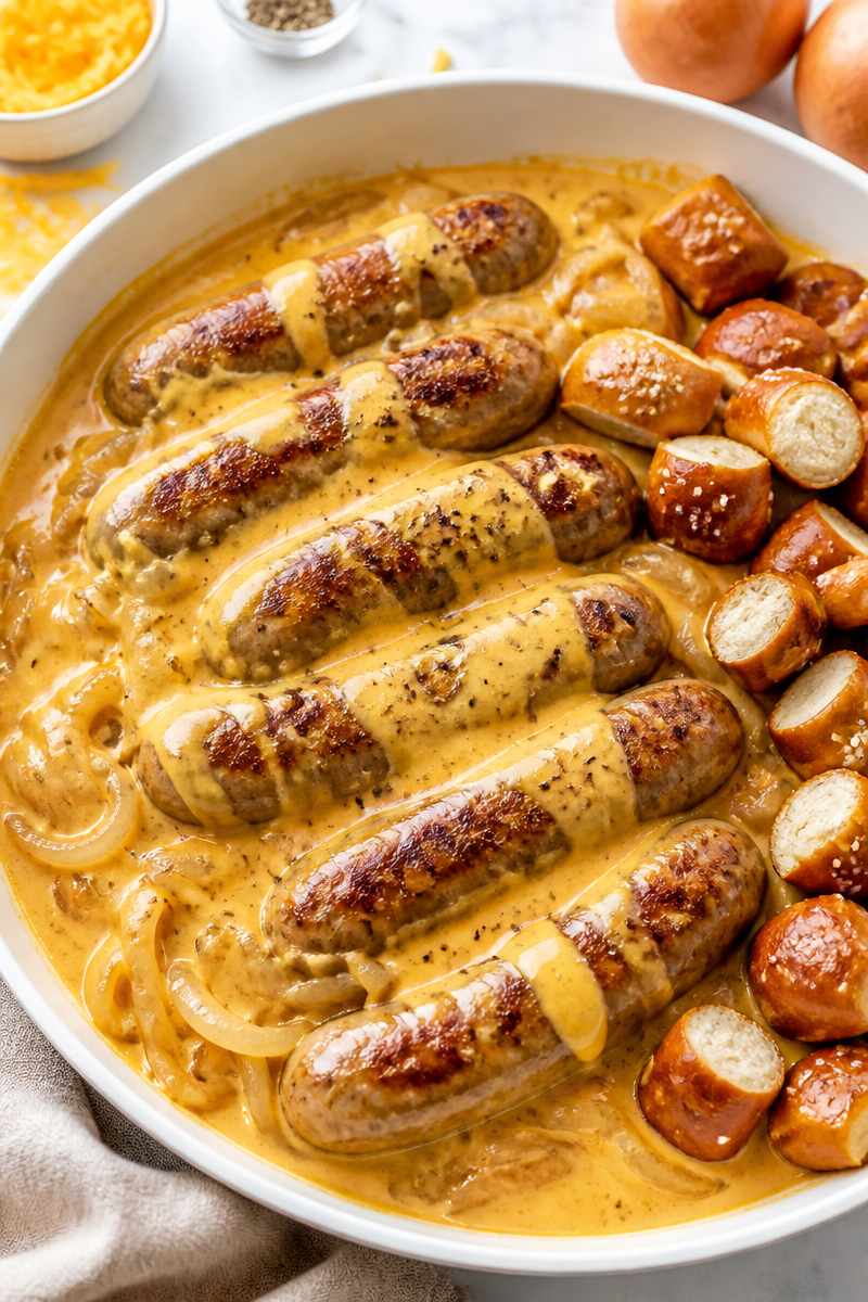 Oktoberfest Bratwurst Beer Cheese Skillet