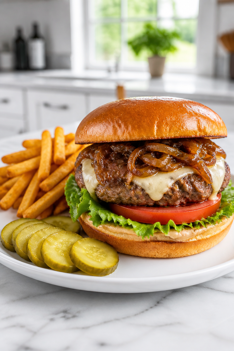 Caramelized Onion Stuffed Beef Burger