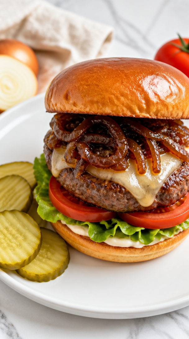 Caramelized Onion Stuffed Beef Burger