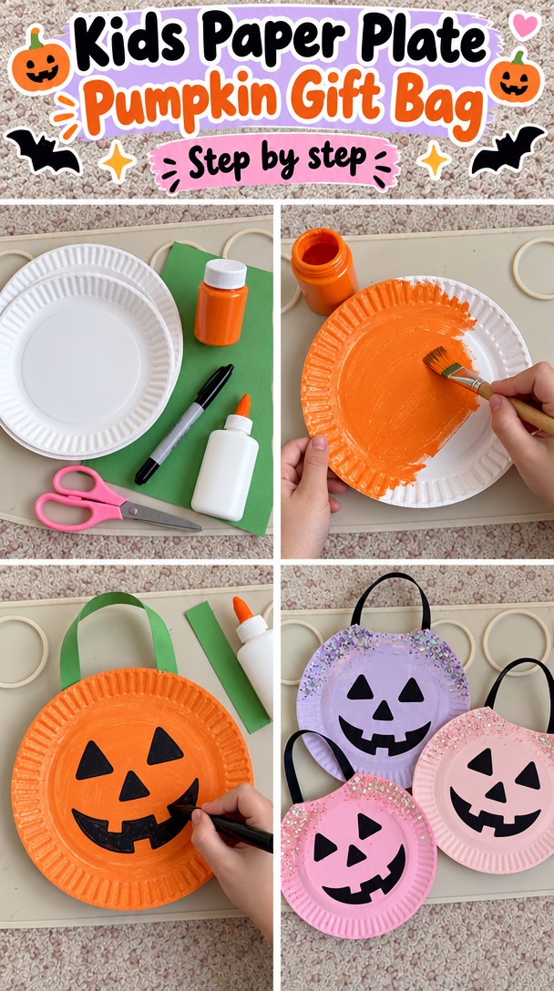 Kids Paper Plate Pumpkin Gift Bag 5 Kids Paper Plate Craft - pumpkin bucket Halloween gift bag by STEPH @mama.jots (upgraded)