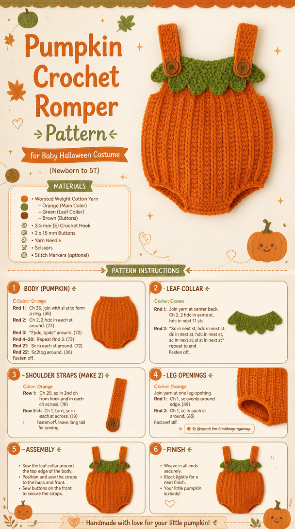 Pumpkin Crochet Romper Pattern for Baby Halloween Costume (Newborn to 5T)