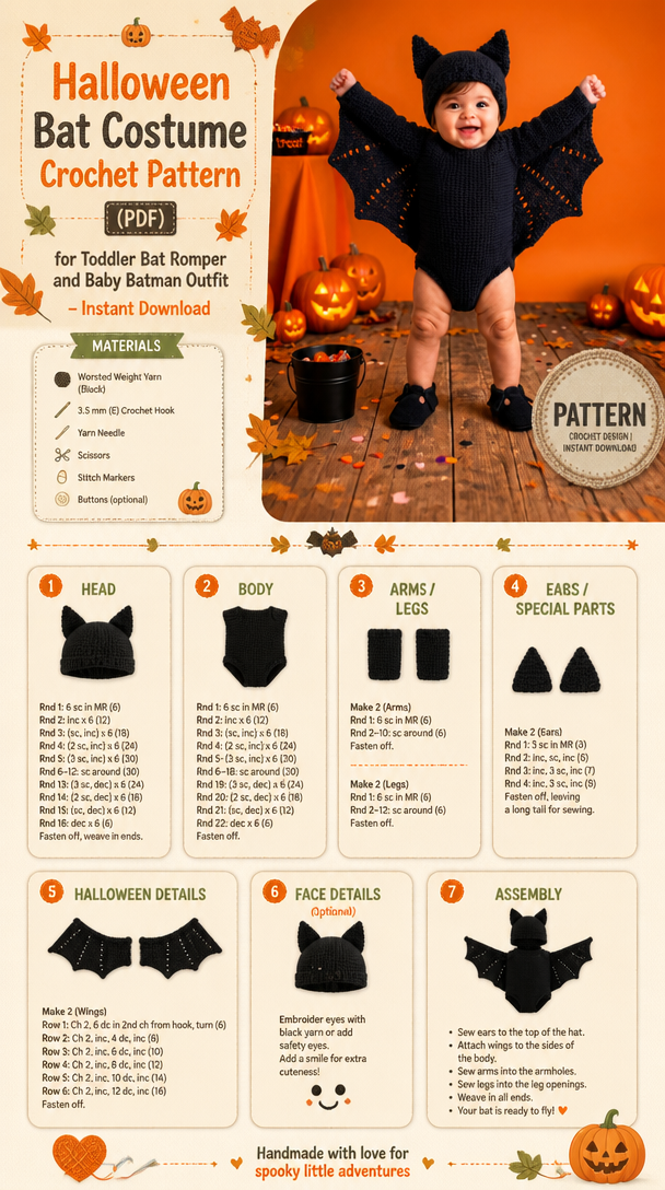 Halloween Bat Costume Crochet Pattern (PDF) for Toddler Bat Romper and Baby Batman Outfit – Instant Download