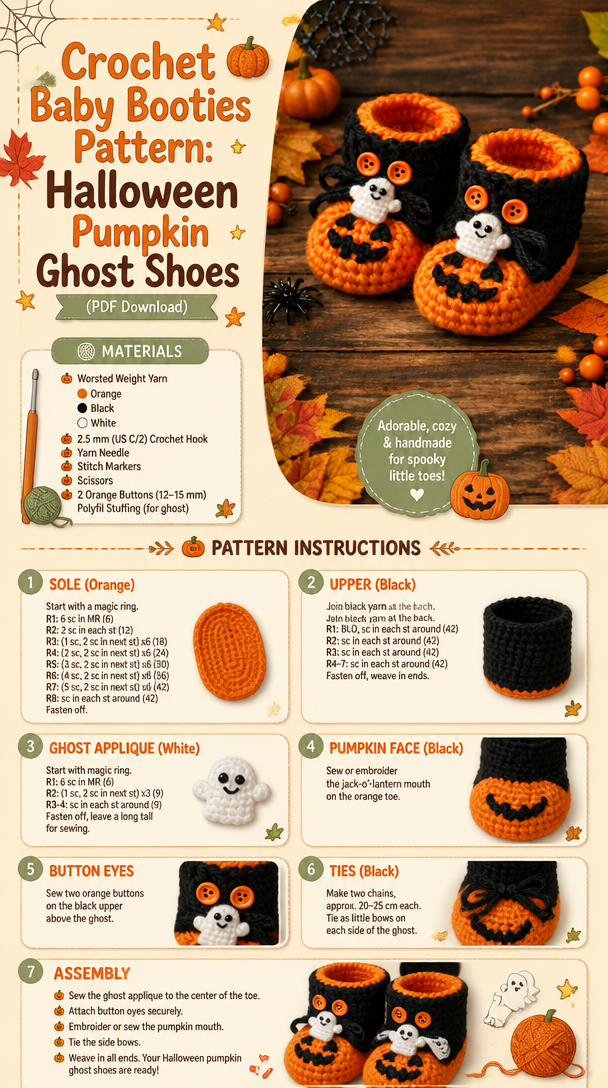 Crochet Baby Booties Pattern: Halloween Pumpkin Ghost Shoes (PDF Download)