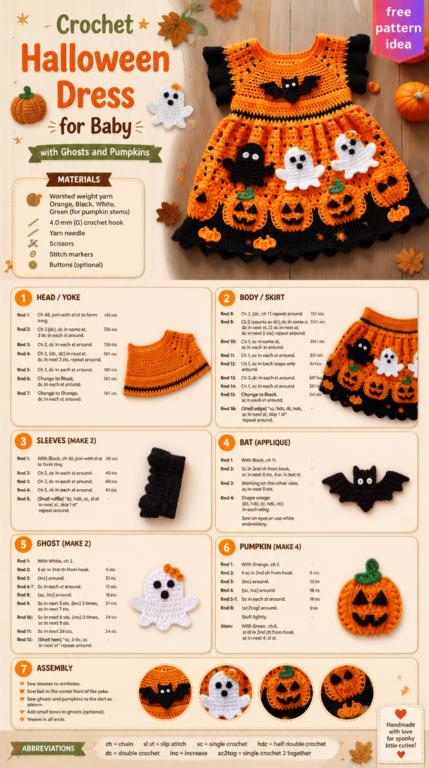 Crochet Halloween Dress for Baby with Ghosts and Pumpkins