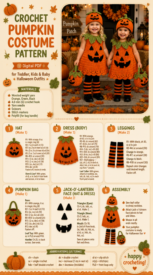 Crochet Pumpkin Costume Pattern - Digital PDF for Toddler, Kids & Baby Halloween Outfits